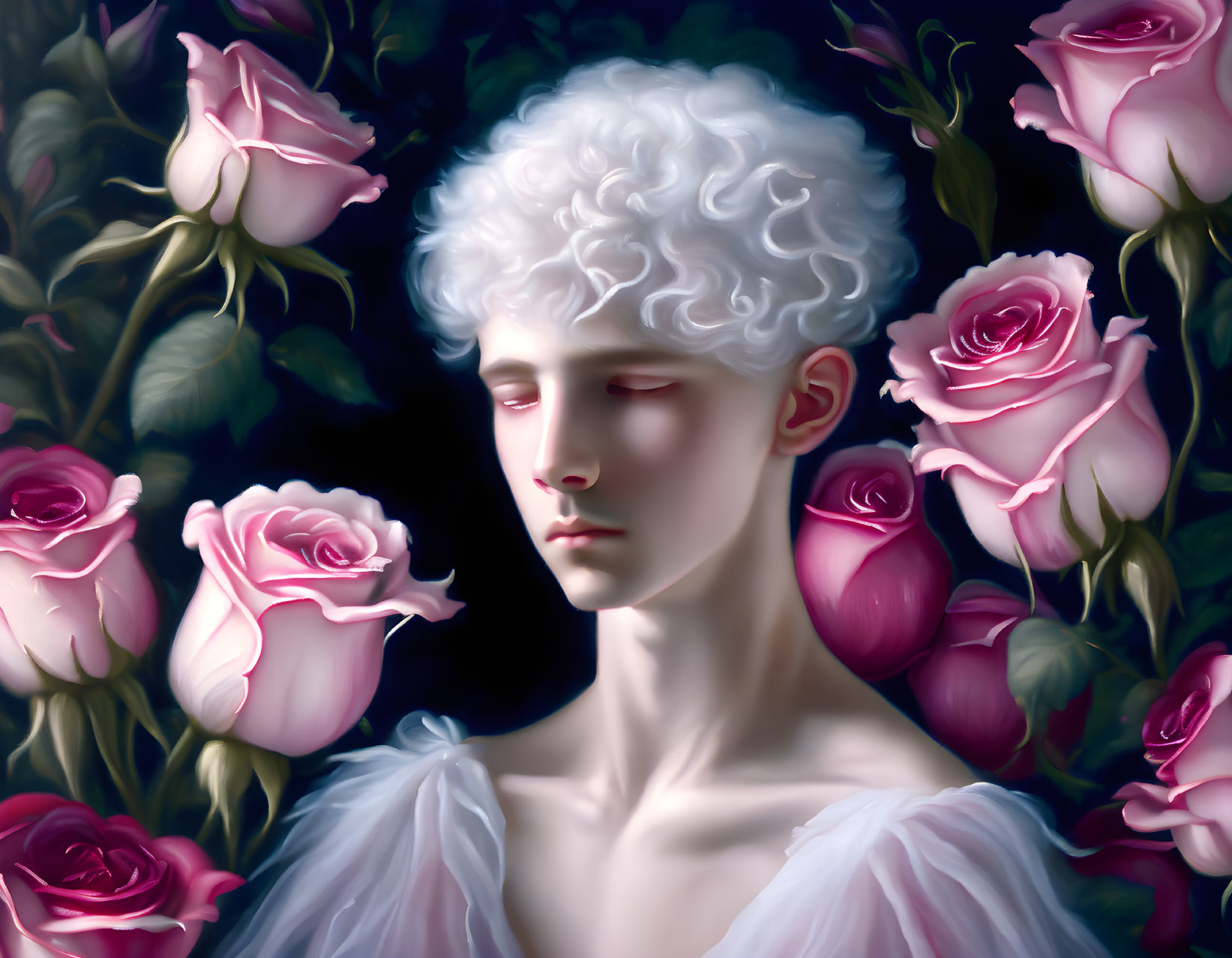 Ethereal figure with white curly hair among pink roses