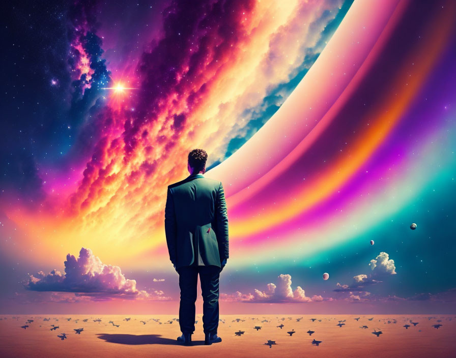 Man in suit gazes at surreal cosmic desert scene