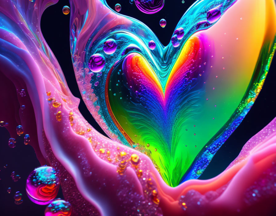 Colorful Heart-Shaped Liquid Art with Psychedelic Colors and Luminescent Bubbles