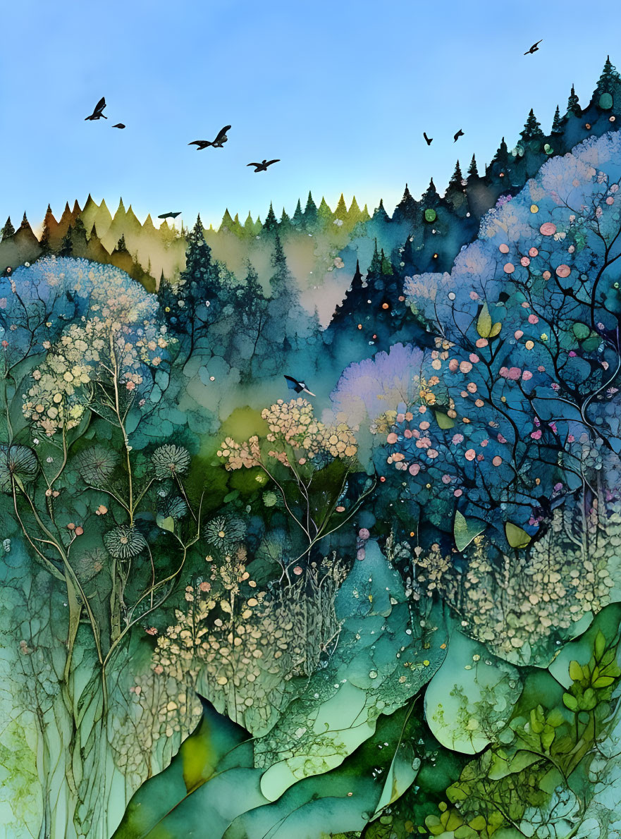 Illustration of whimsical forest with stylized trees, plants, birds in green and blue hues