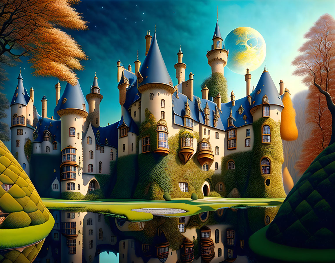 Enchanting castle with spires, moonlit sky, and autumn trees