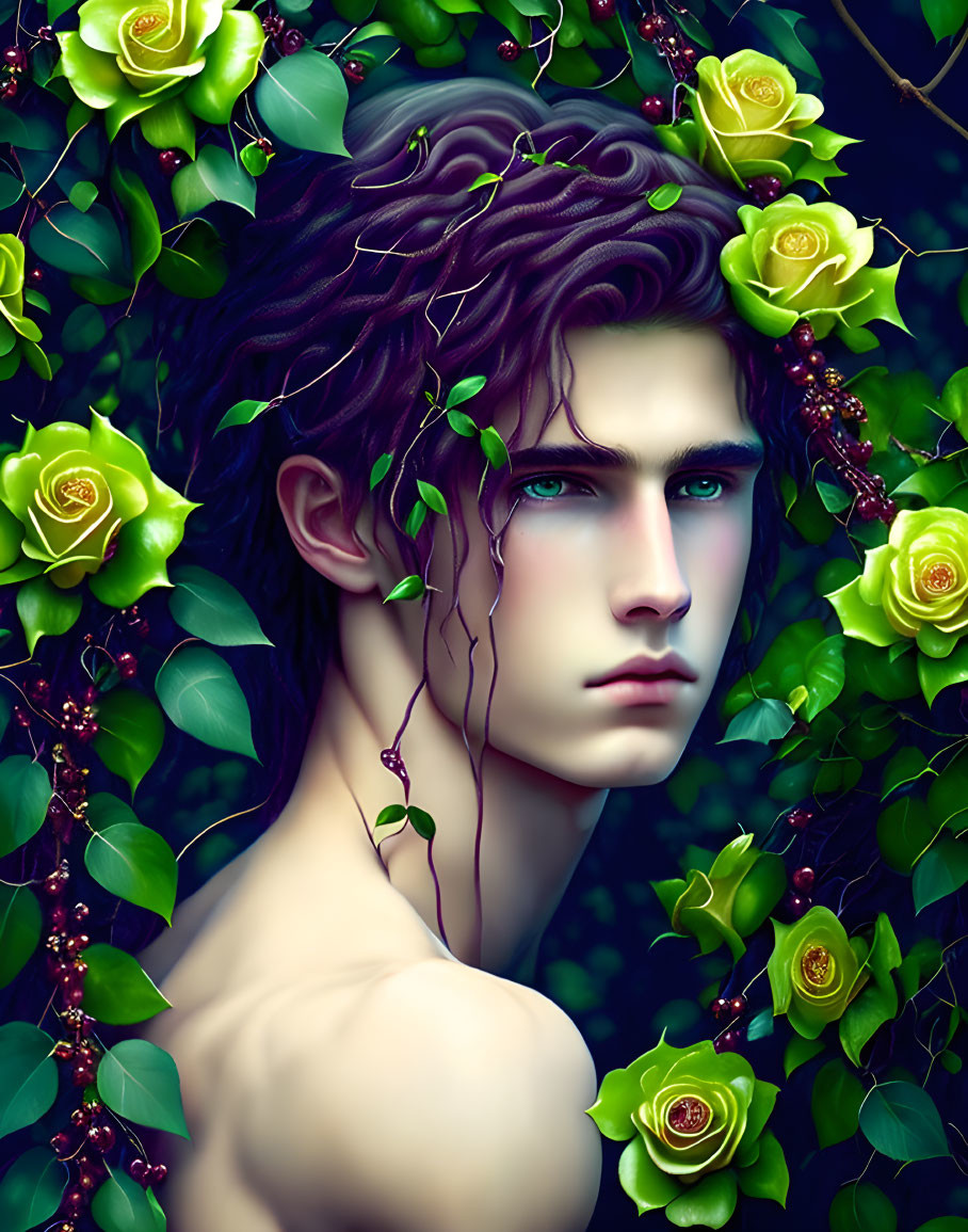 Person with deep blue eyes and dark hair entwined in green vines and roses on leafy background