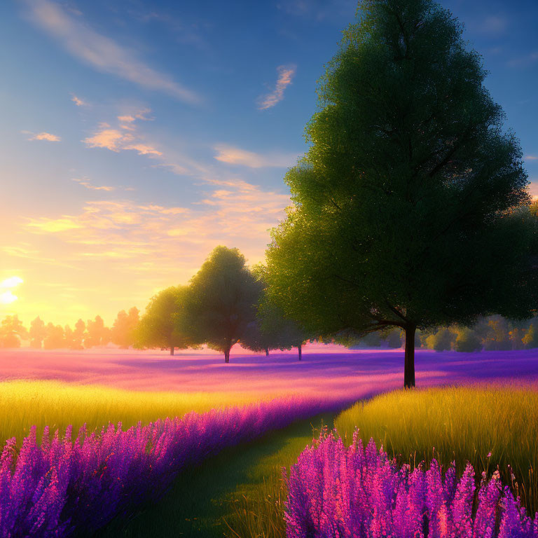 Scenic Lavender Field at Sunrise with Silhouette Trees