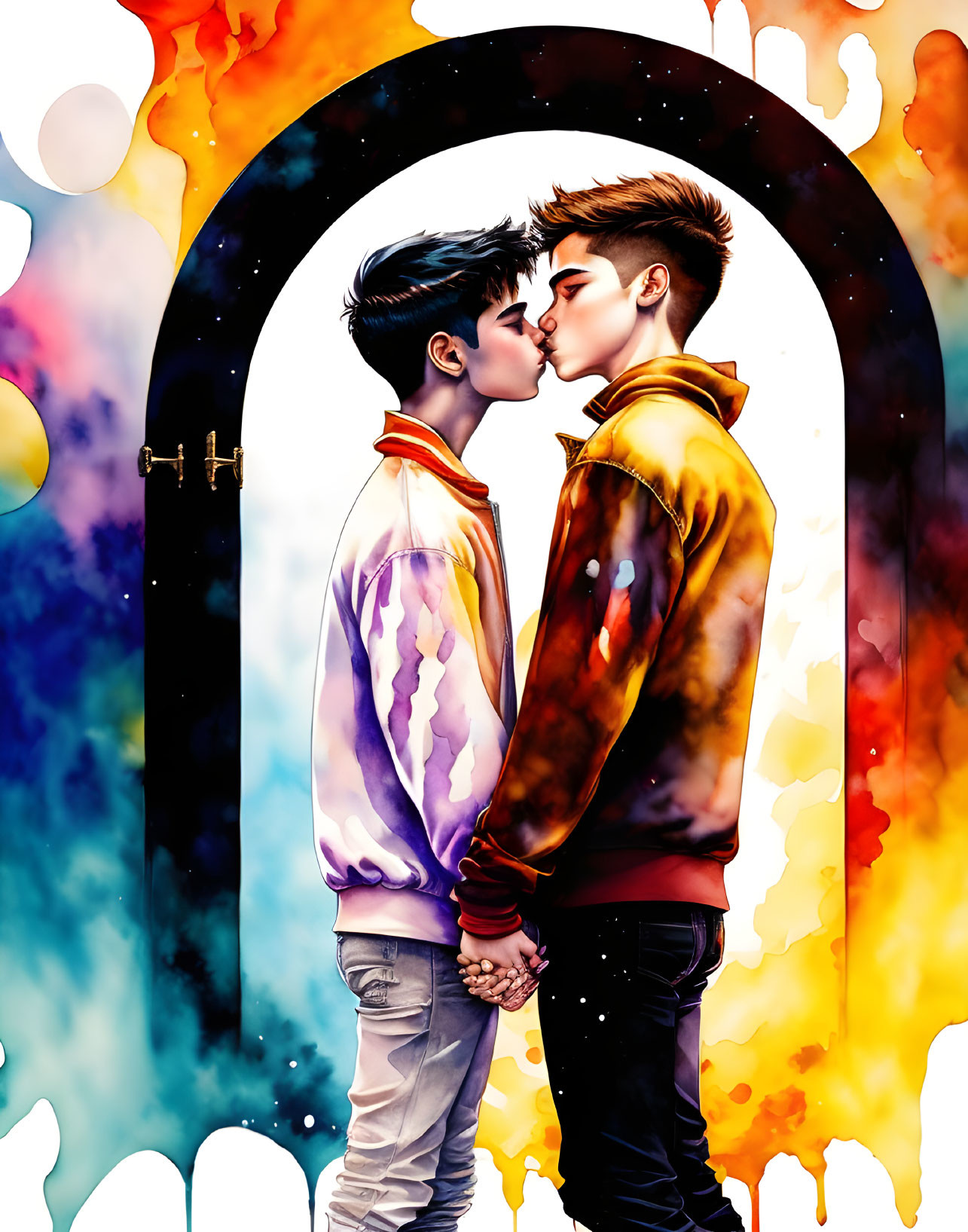 Stylized male figures kissing in vibrant, fiery setting