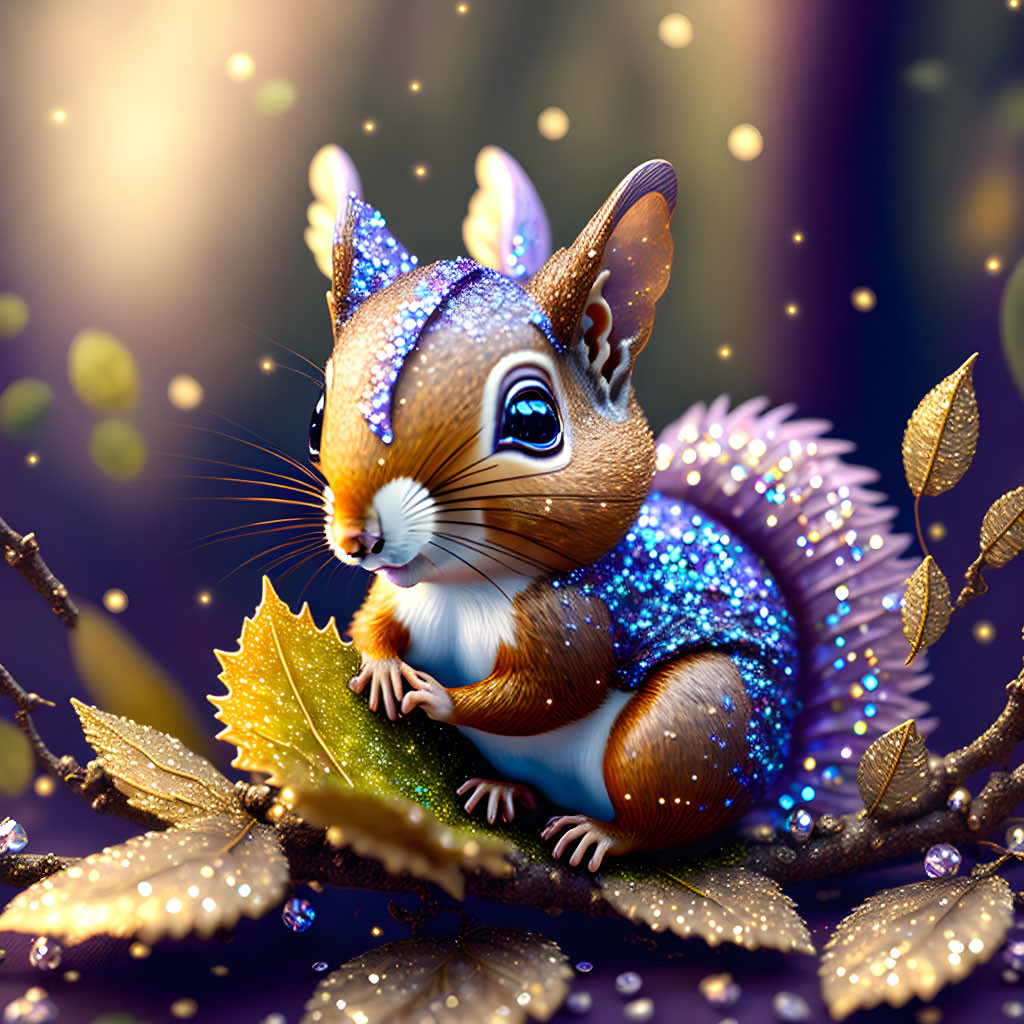 Fantasy-inspired squirrel illustration with sparkling tail on branch surrounded by magical lights