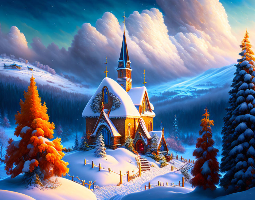 Snow-covered church and orange trees in serene winter landscape