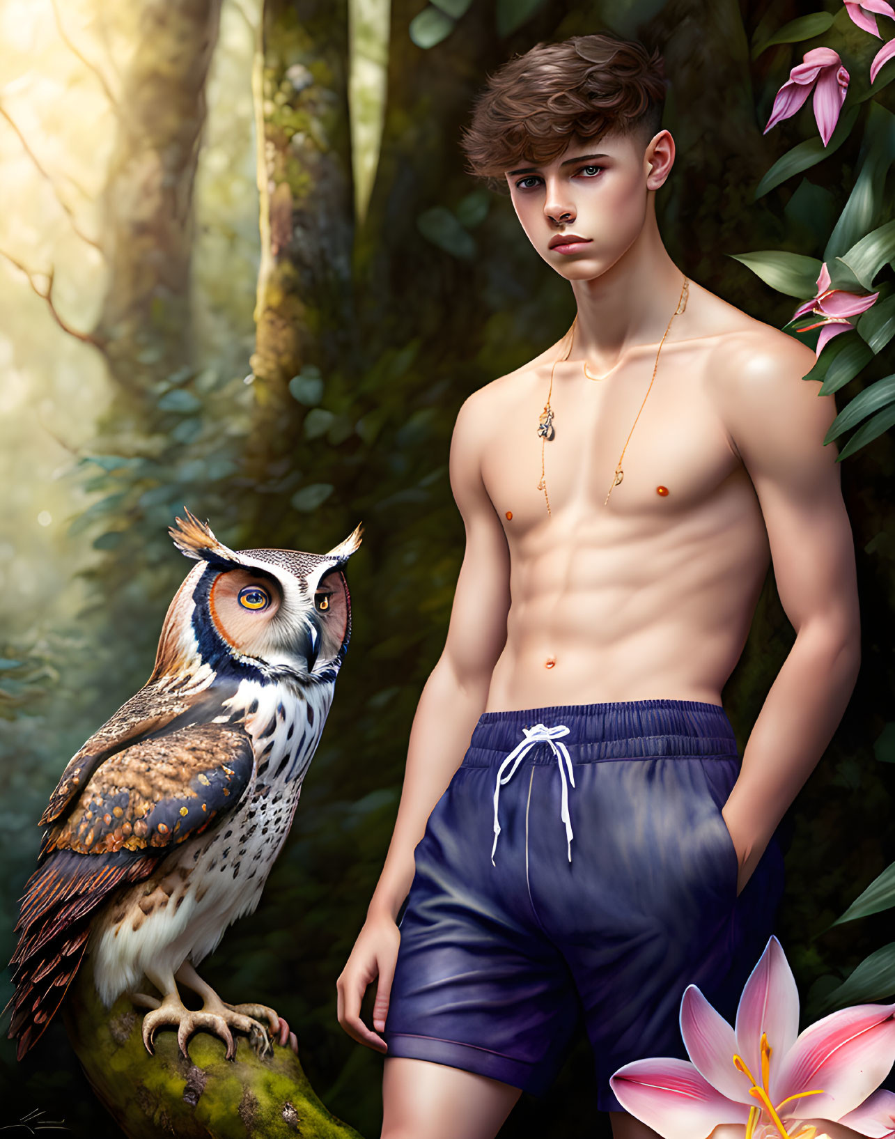 Young man with tousled hair and gold necklace in lush forest with owl and pink flowers