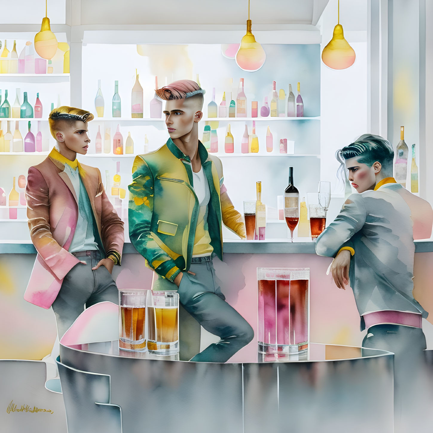 Three men in stylish attire at a modern bar with colorful lighting and drinks, against a mirrored backdrop.