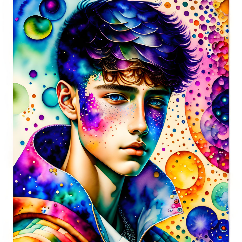 Colorful Cosmic Portrait of Young Individual with Vibrant Colors