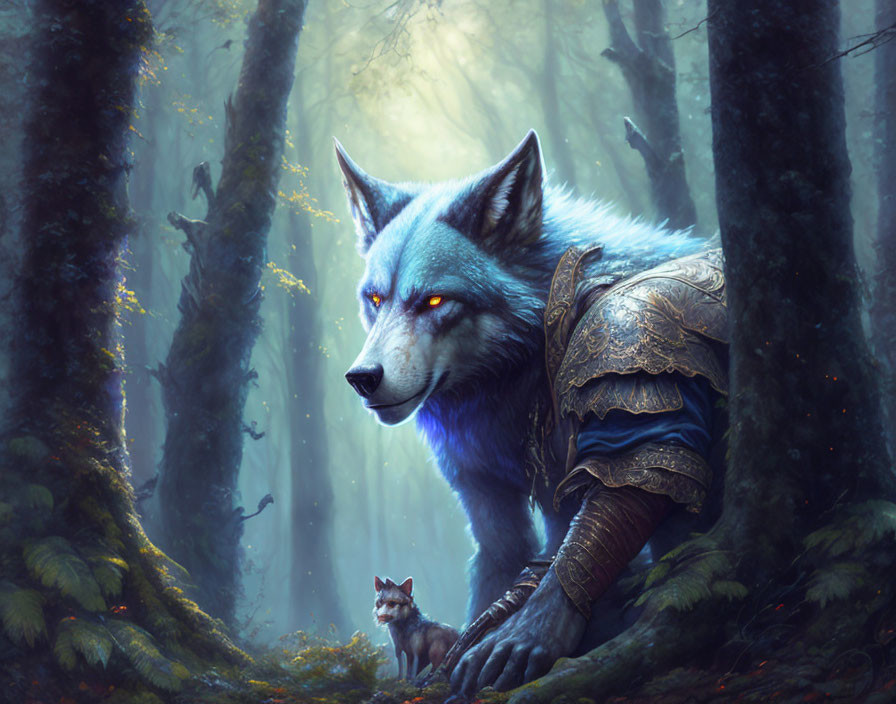 Blue-furred mystical wolf in armor with glowing eyes in enchanted forest