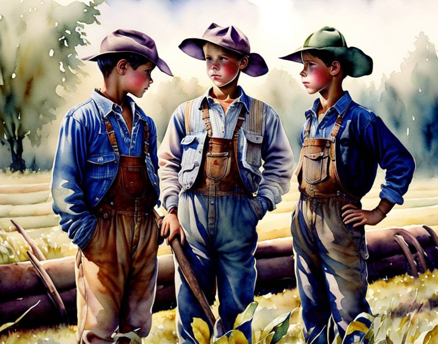 Three boys in overalls and hats with pitchfork in field with wooden fence and trees.