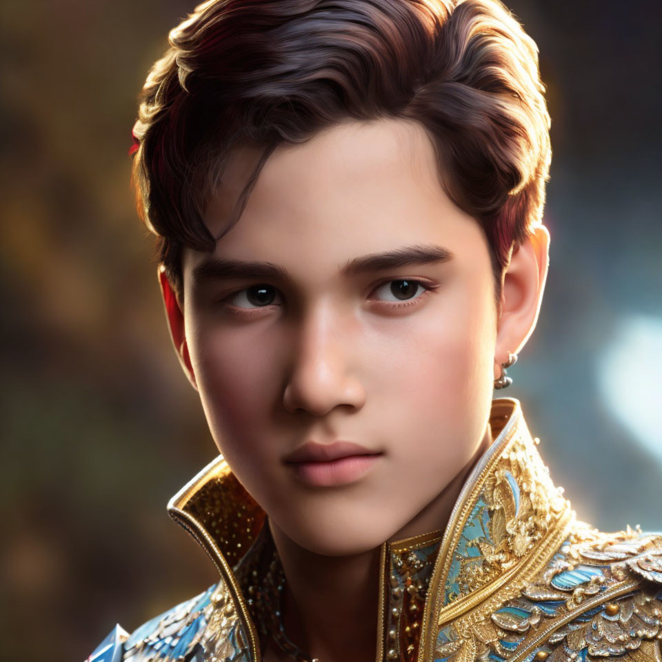 Young man in ornate golden armor with styled hair in digital artwork