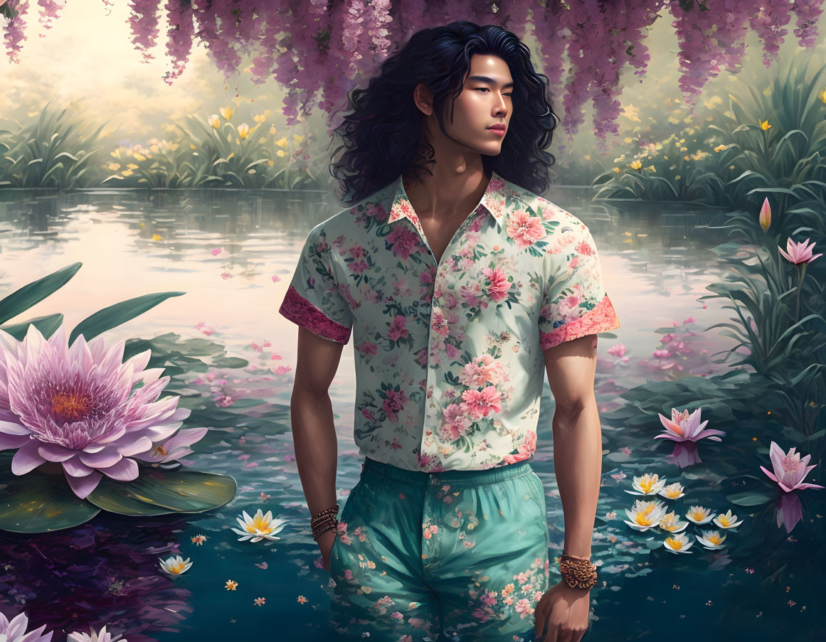 Man with long wavy hair standing by serene pond with pink lotuses and purple flowers.