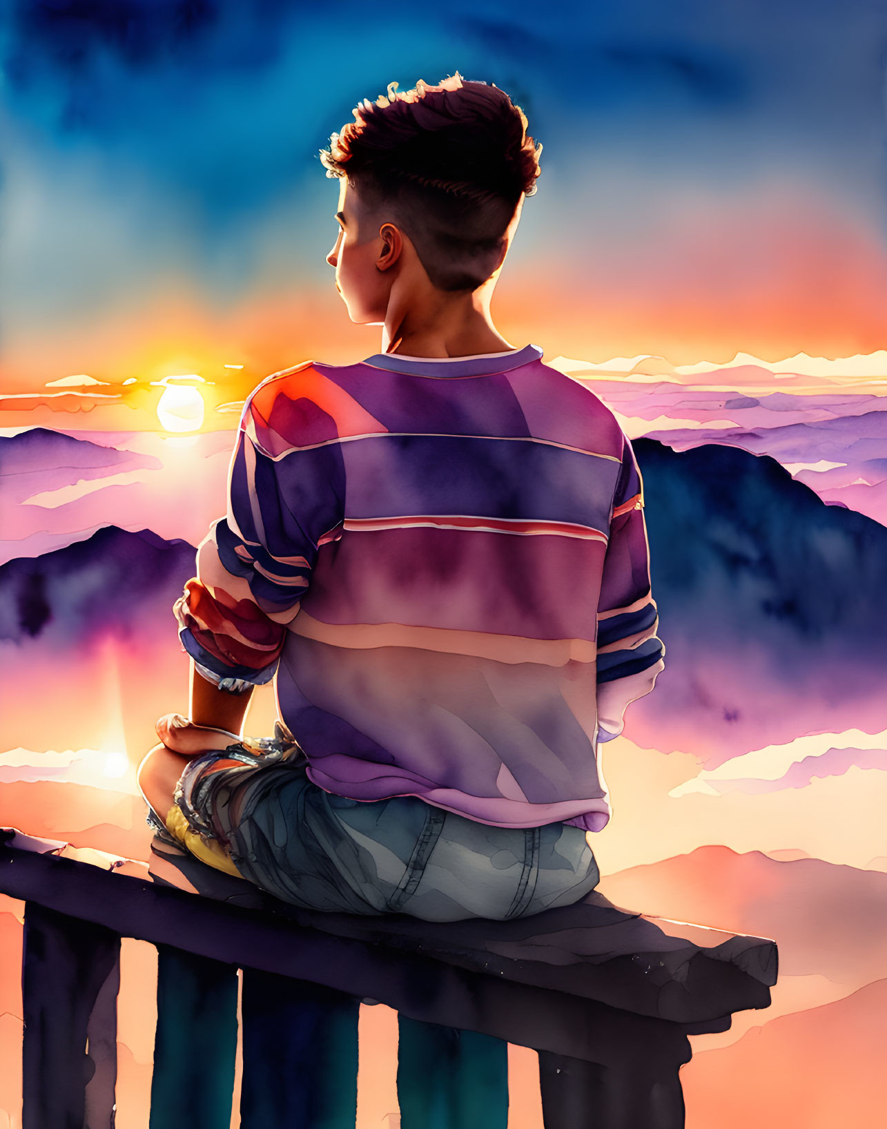 Stylish haircut person gazes at vibrant sunset with clouds below