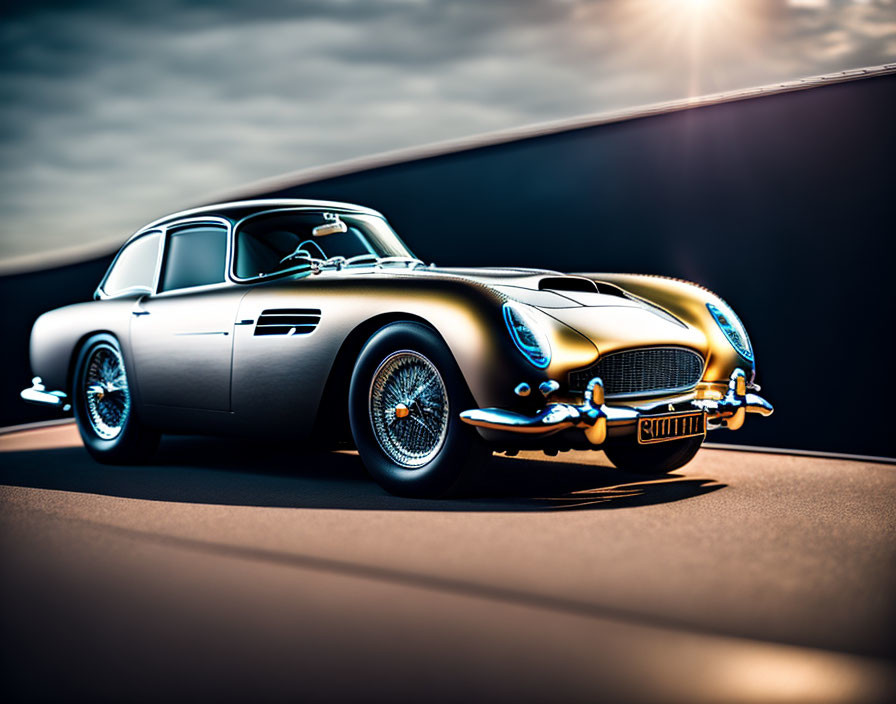 Classic Sports Car with Chrome Details and Wire Wheels in Dramatic Sunlit Scene