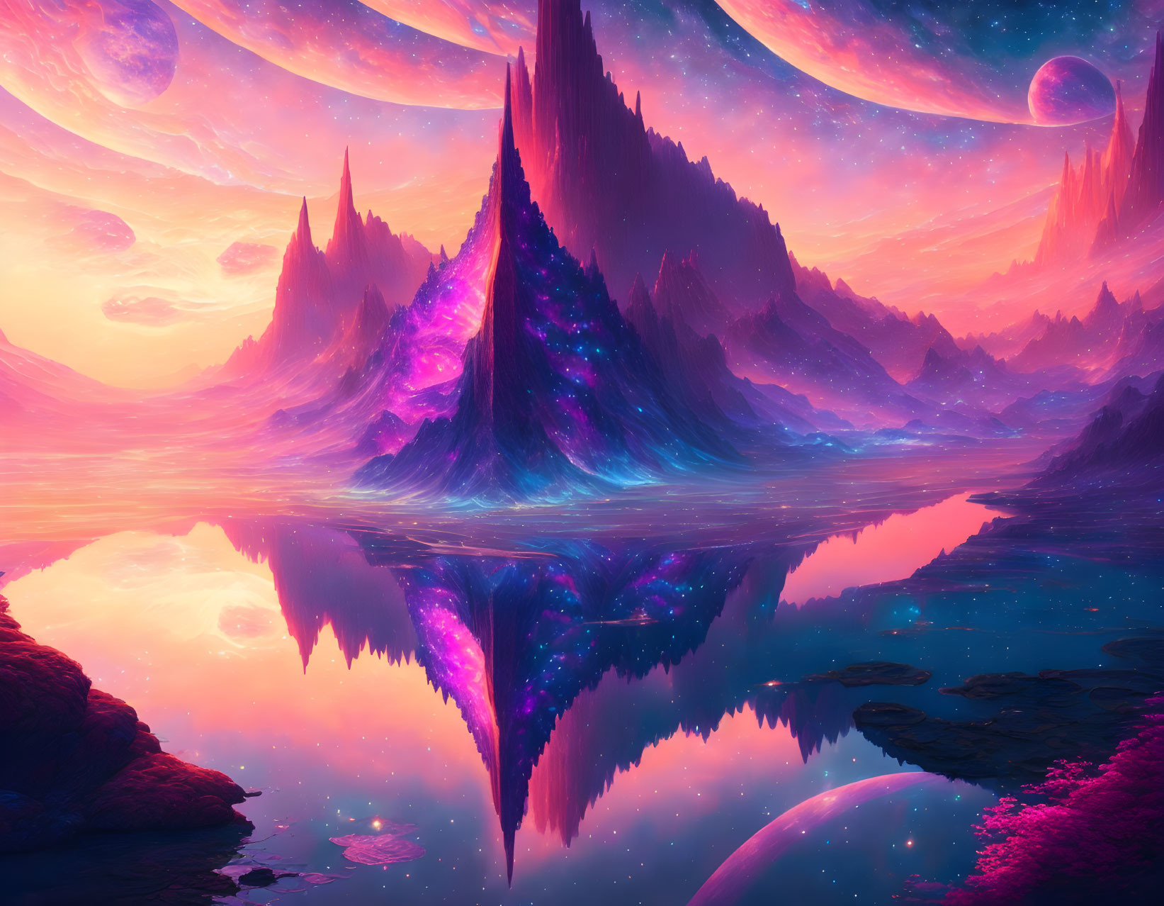 Vibrant fantasy landscape with pink and purple hues, towering mountains, celestial bodies, and reflective water