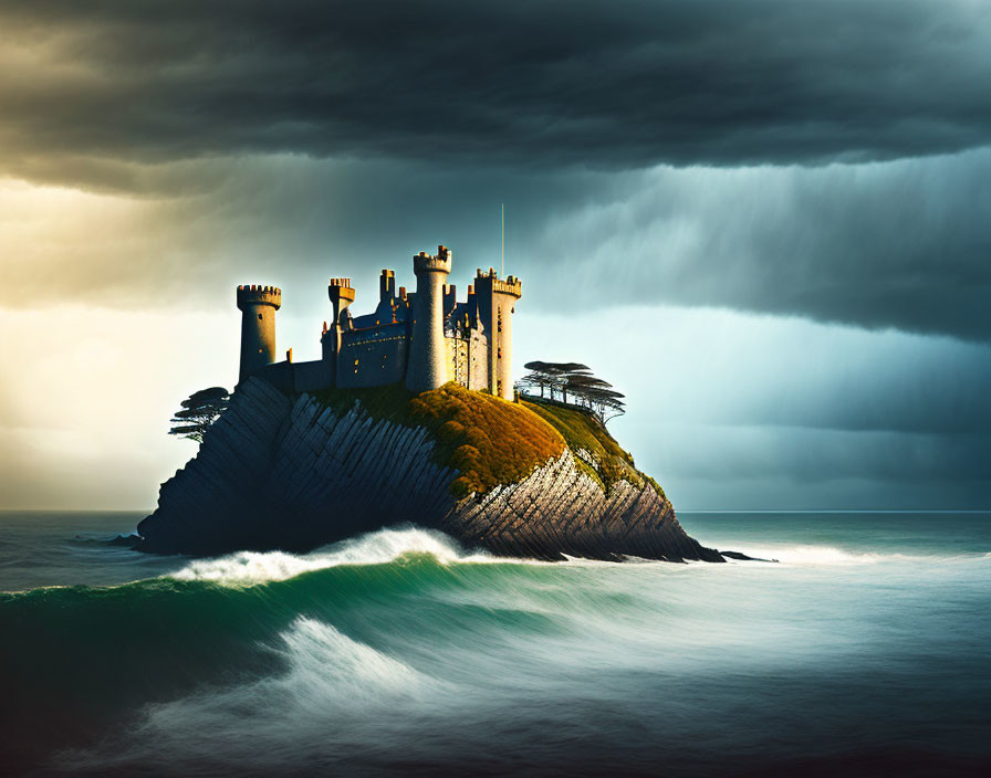 Ancient castle on rugged cliff amidst stormy seas and sun rays