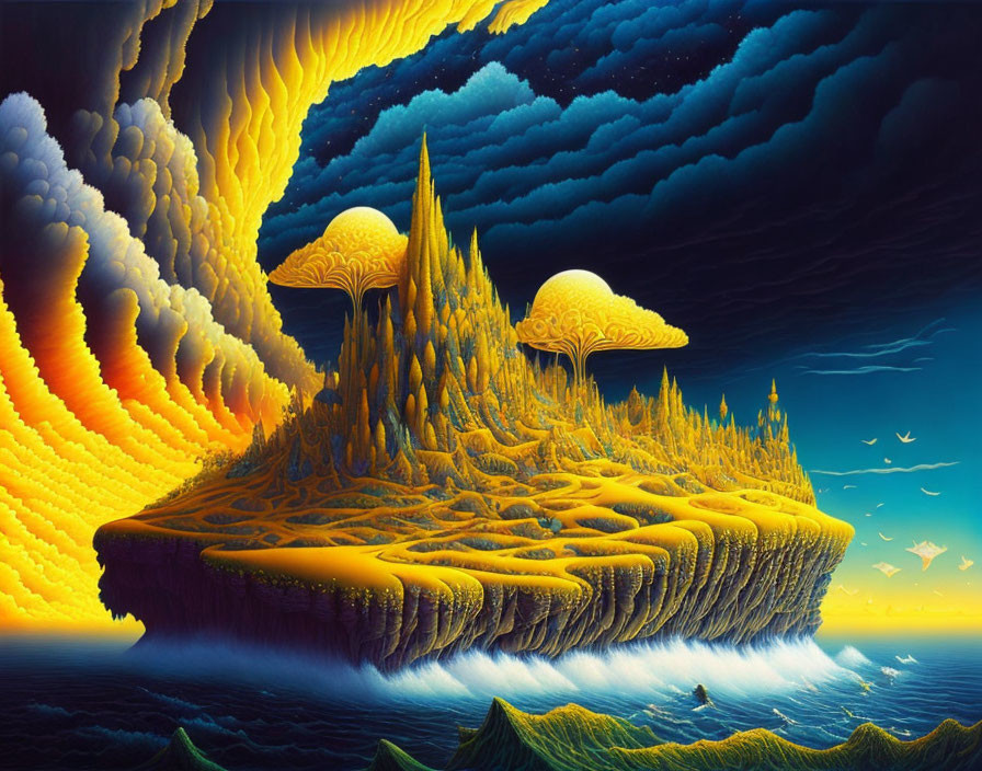 Colorful Fantasy Landscape with Floating Island & Mushroom Structures