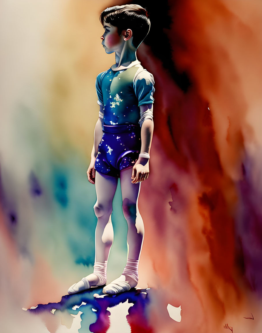 Young gymnast in starry leotard against colorful abstract background