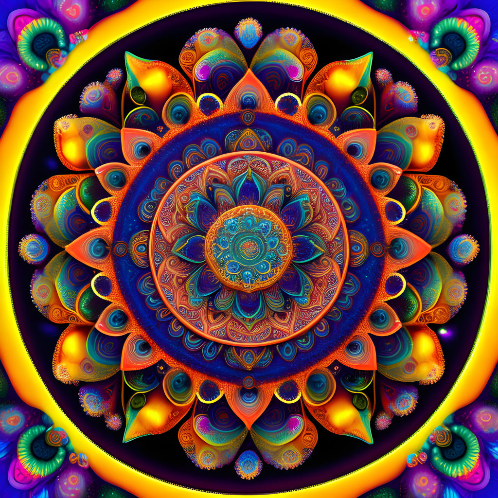 Colorful Digital Mandala with Psychedelic Patterns and Glowing Border