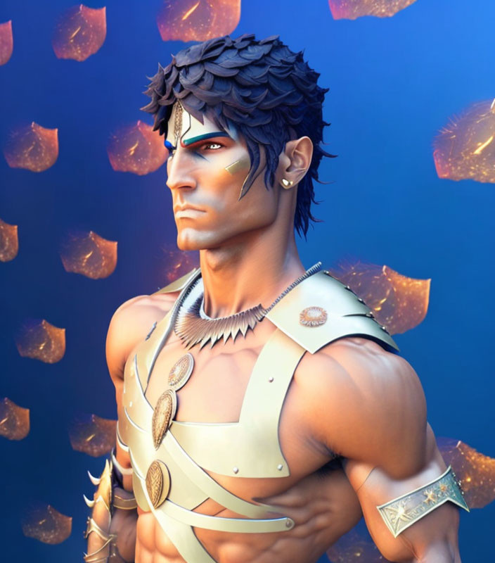 Male character with dark hair in warrior paint and gold armor on blue backdrop.