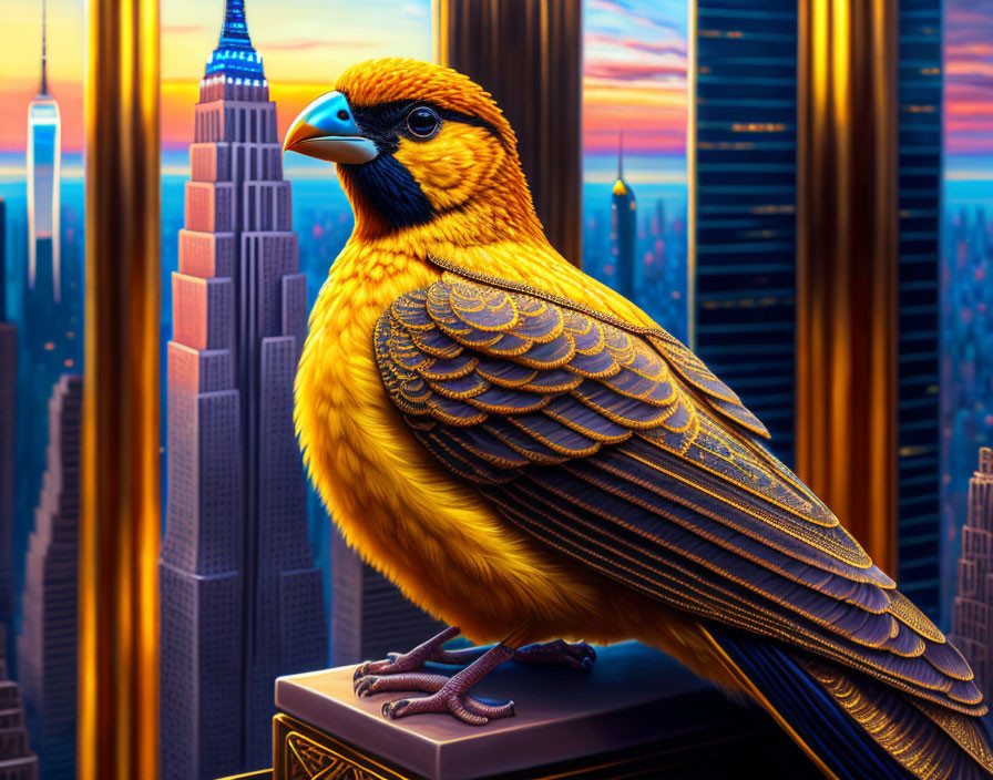 Colorful illustration of golden bird on building with cityscape and sunset