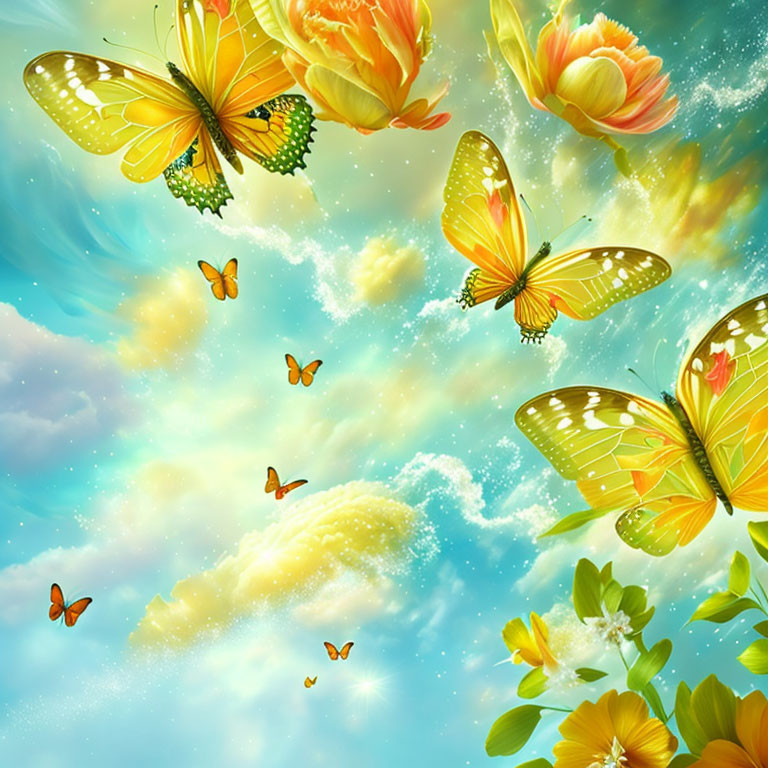 Colorful artwork: Yellow butterflies, flowers, blue sky, clouds.