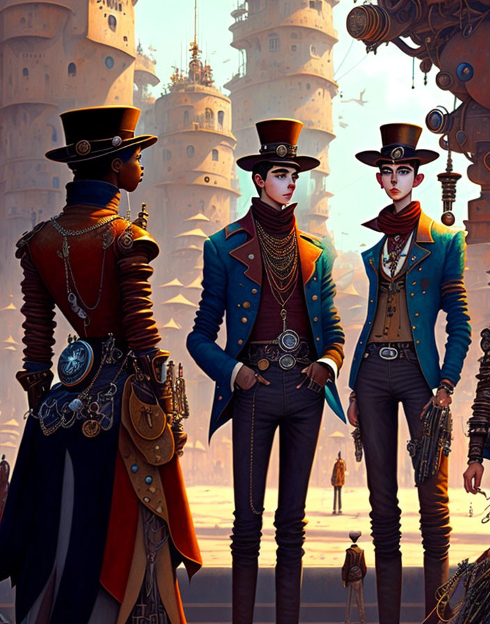 Steampunk-themed illustration with three characters in decorative uniforms.