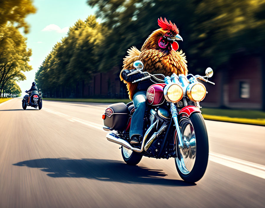 Rooster in sunglasses on motorcycle with another rider.