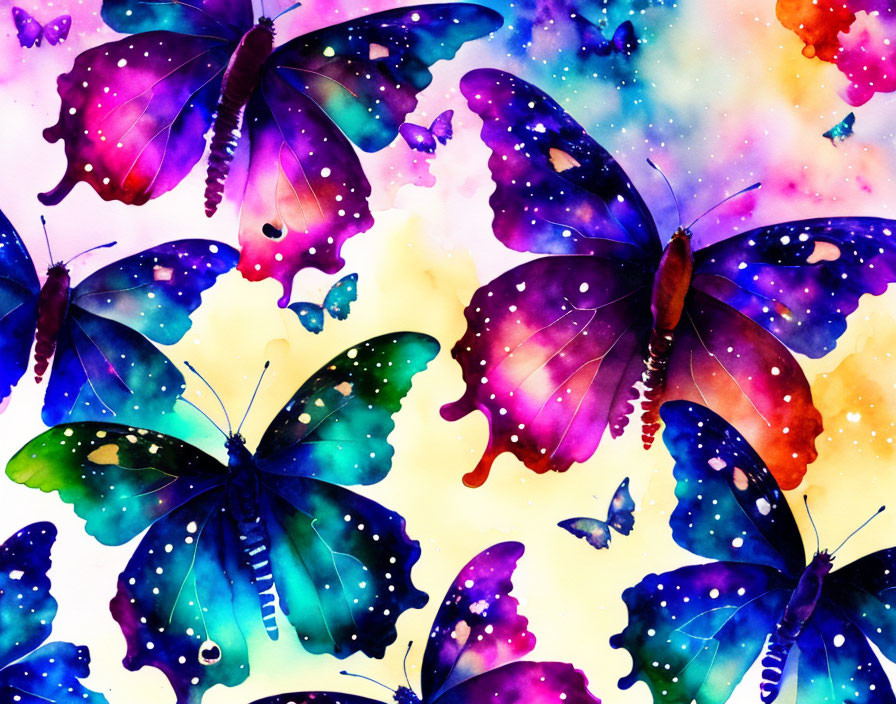 Vibrant watercolor butterflies in purple, blue, and pink hues