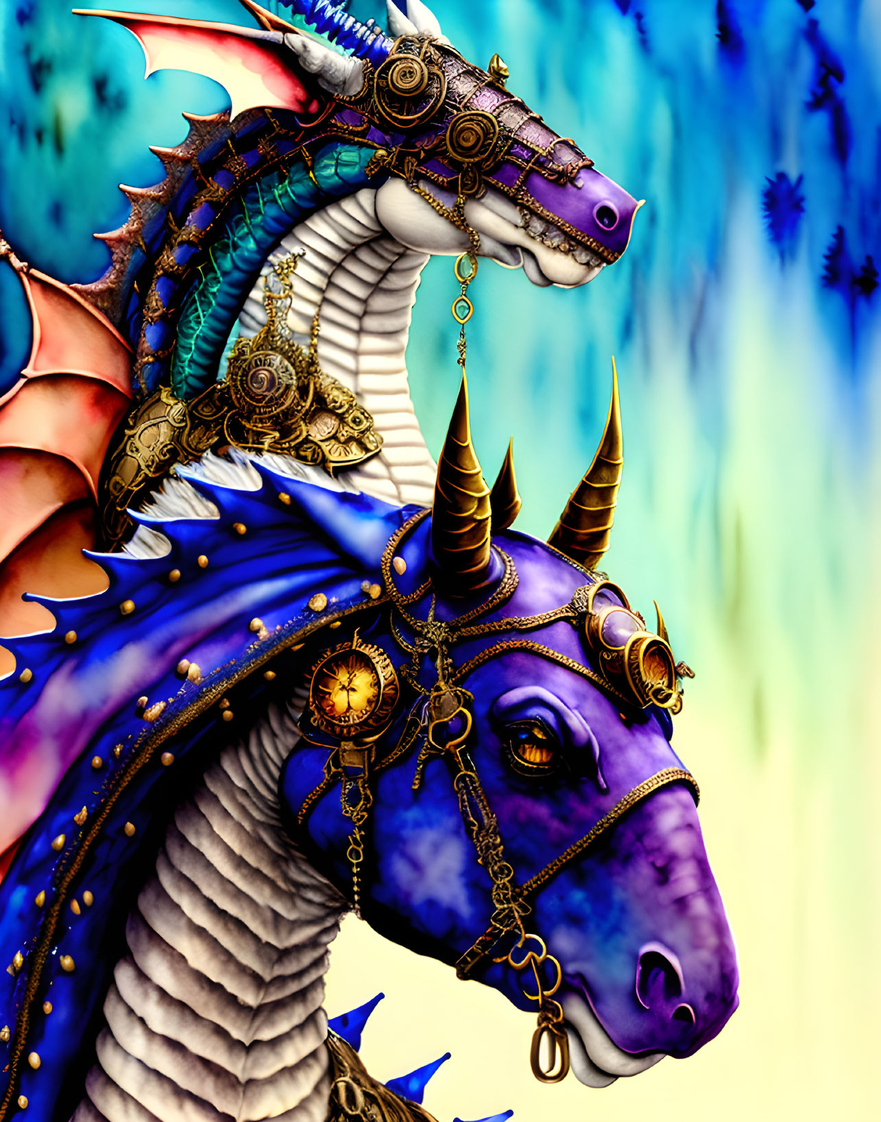 Mechanical Steampunk Dragons with Blue and Purple Scales on Floral Background