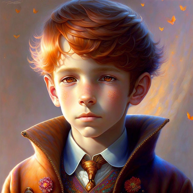 Young boy with curly hair and freckles surrounded by orange butterflies in warm lighting