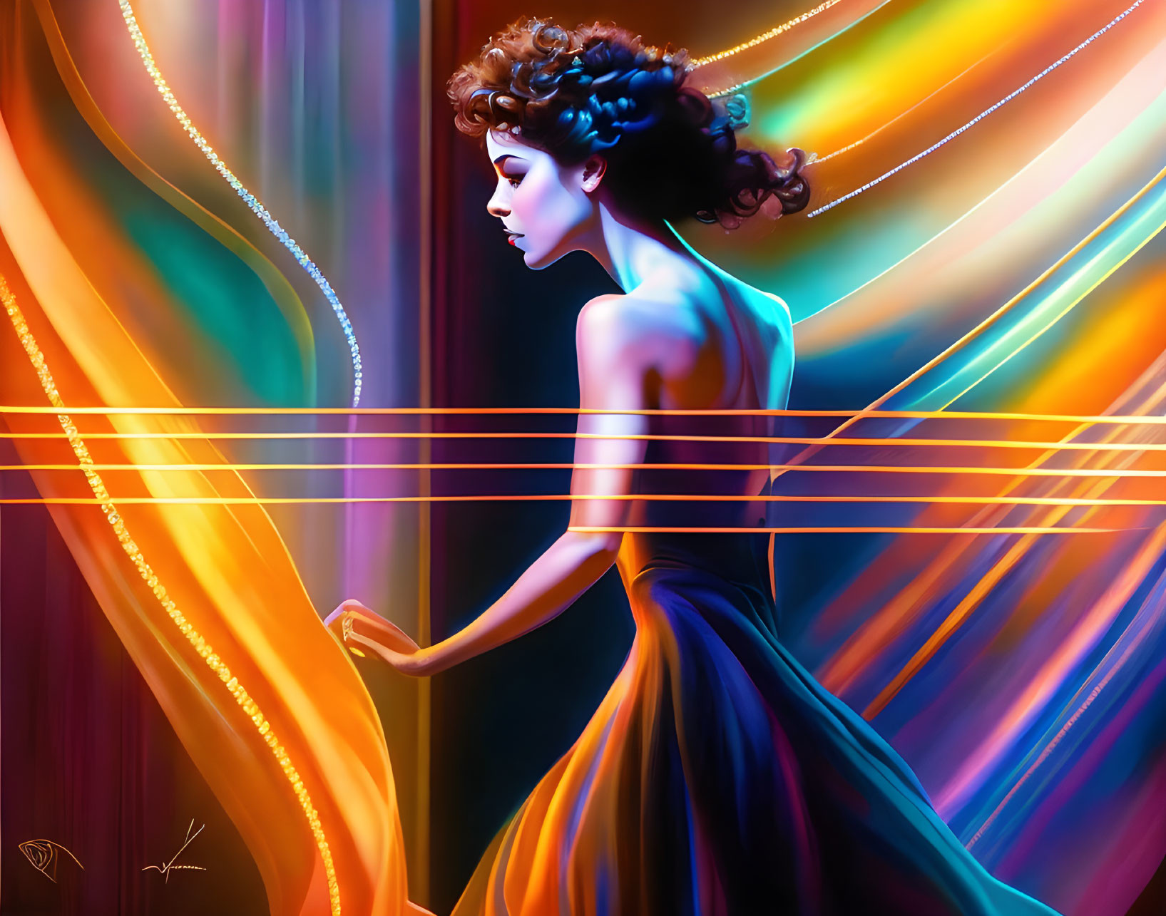 Stylized woman in flowing dress amid colorful light streaks