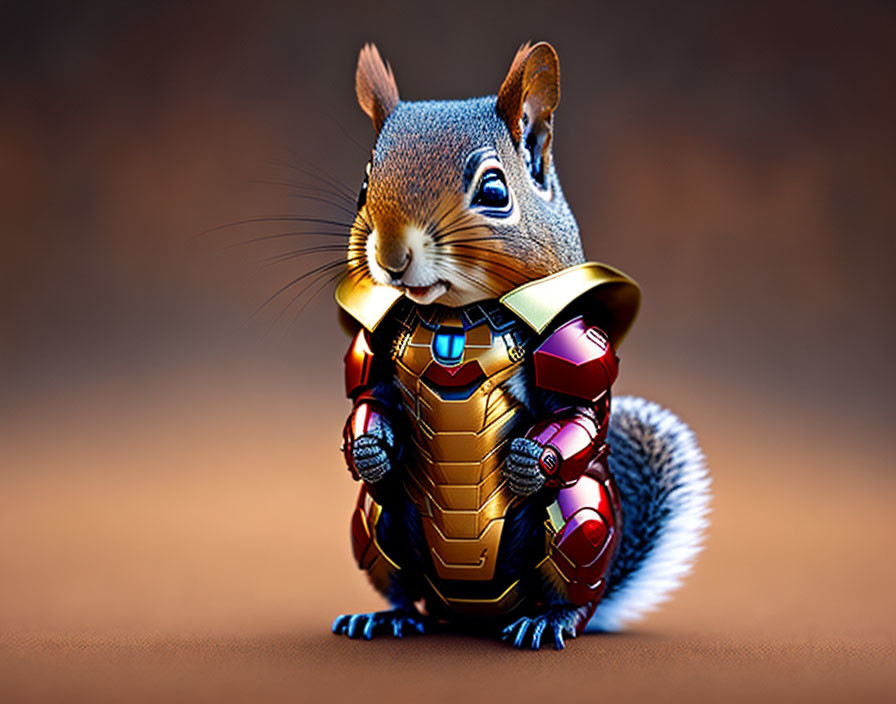 Digital artwork: Squirrel in Iron Man suit on brown background