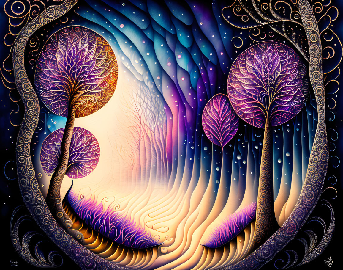 Fantastical art: Stylized trees, purple & golden leaves, starry night sky