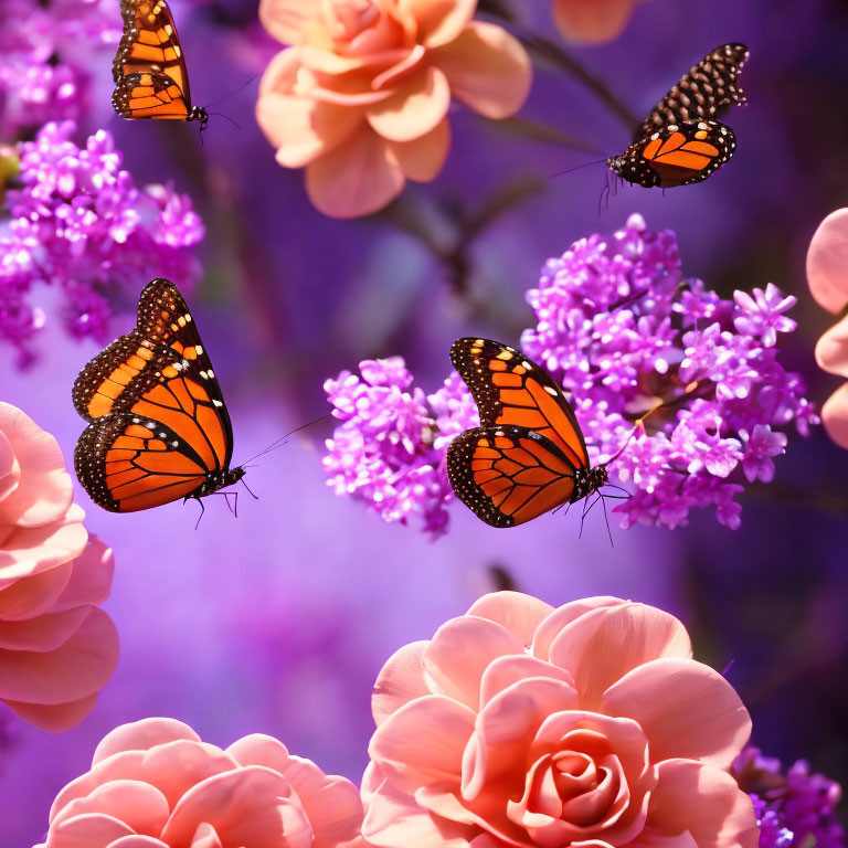 Monarch Butterflies on Vibrant Purple and Pink Flowers