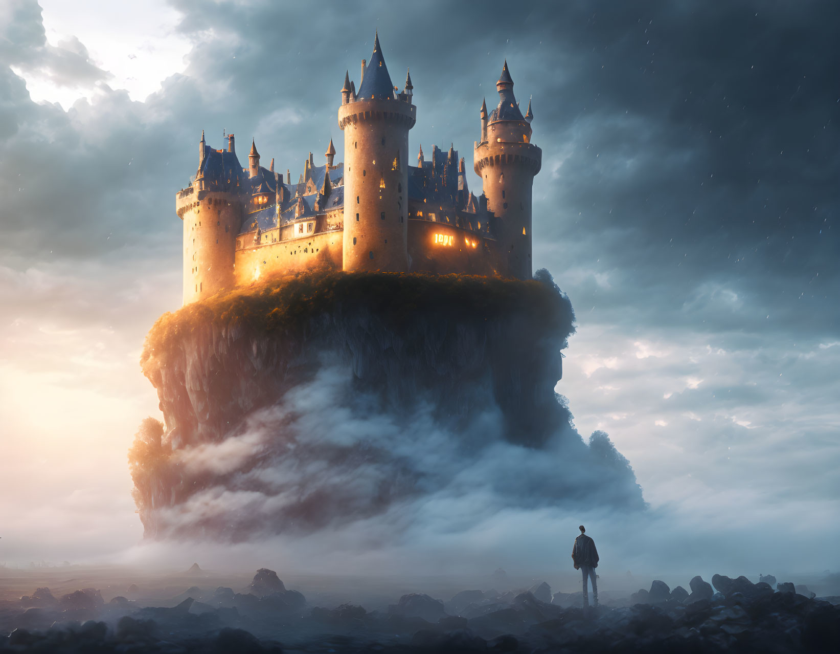 Person standing before majestic castle on floating island in twilight sky