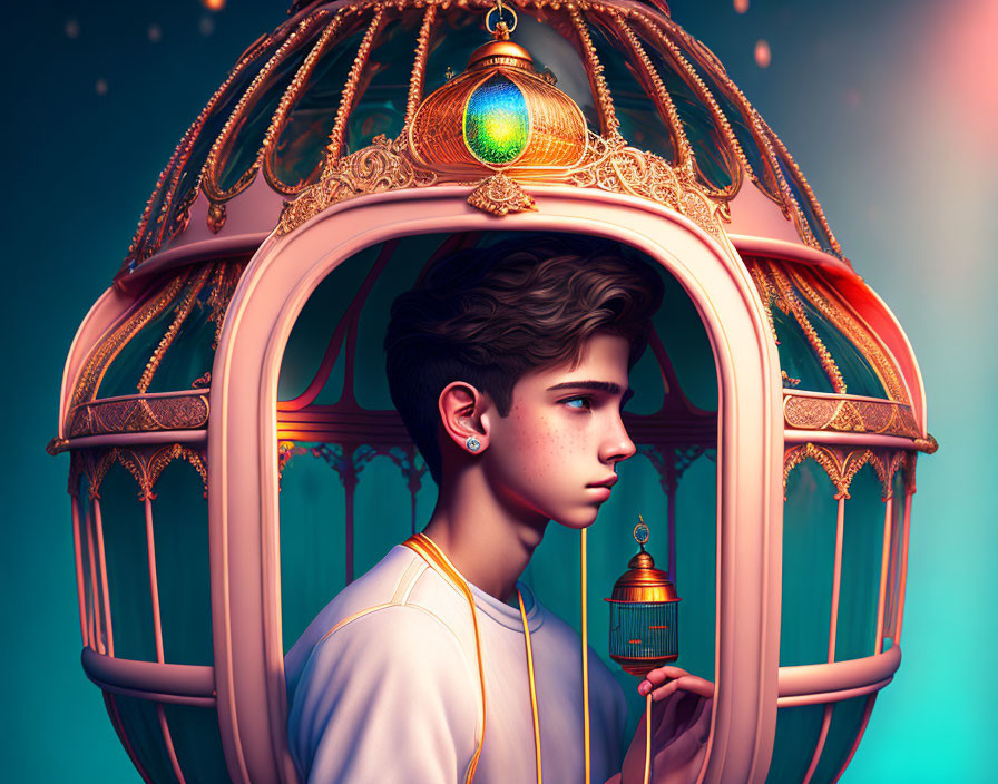 Stylish youth in birdcage with glowing orb, teal background