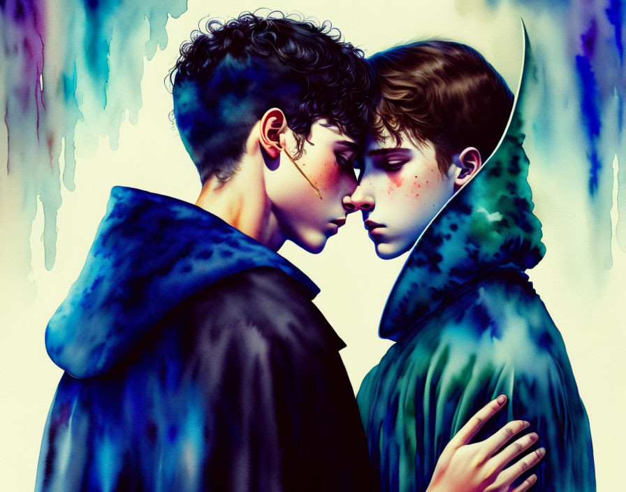 Illustrated characters with dark curly hair in vibrant blue and green hues, touching foreheads.