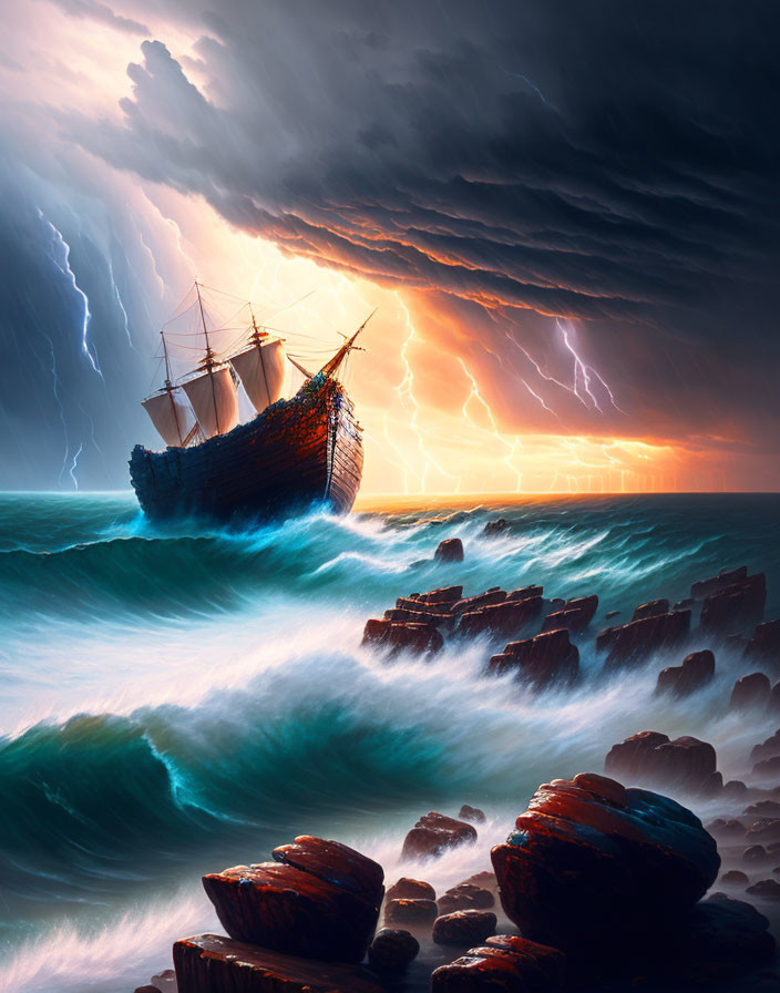 Wooden ship sailing through stormy seas with lightning strikes