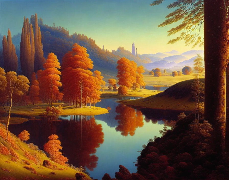 Tranquil autumn river scene with orange trees and distant hills