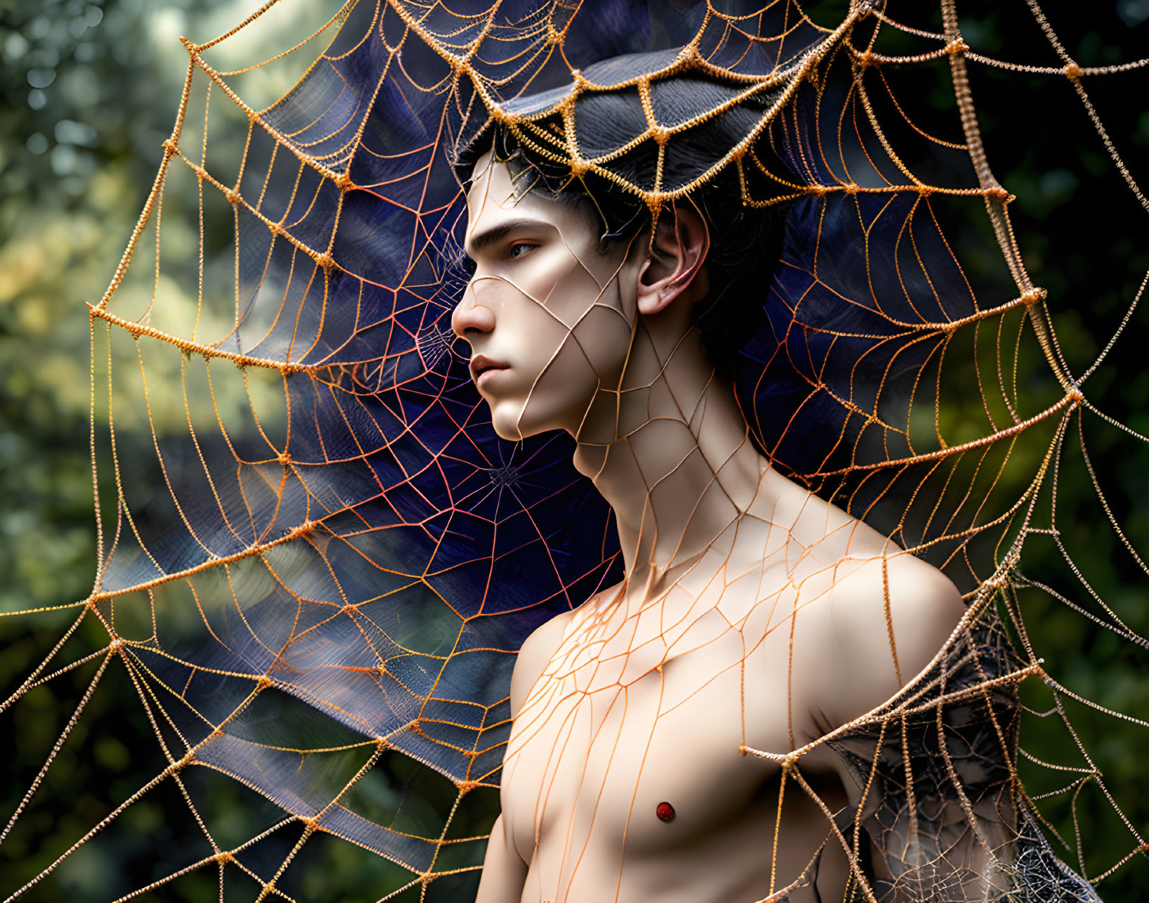 Colorful web entwined figure against blurred natural background.