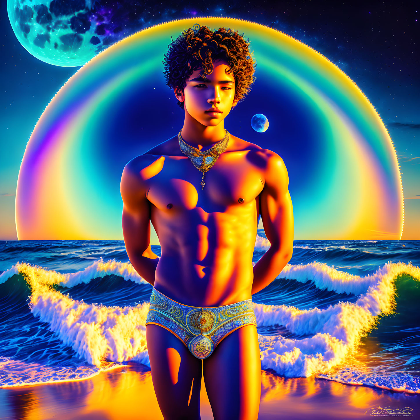 Digital artwork: Shirtless man by ocean at night with rainbow halo and large moon