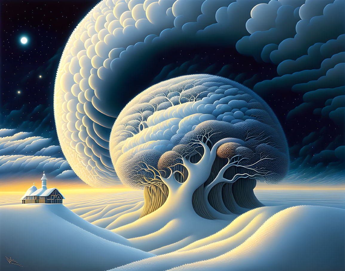 Surreal landscape with brain-patterned tree and lighthouse under starlit sky