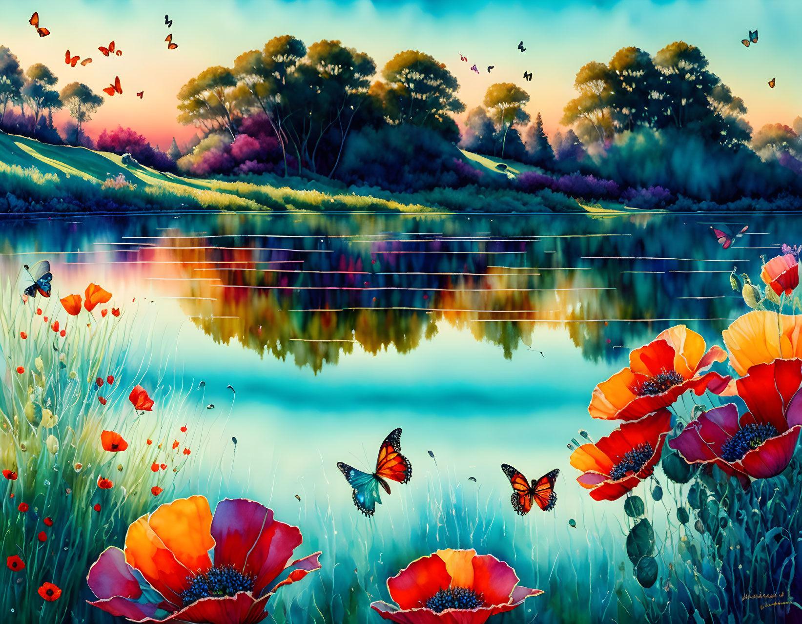 Colorful Lakeside Scene with Butterflies and Poppies at Dusk