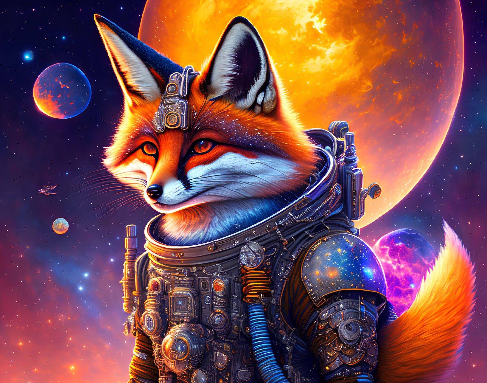 Colorful anthropomorphic fox in astronaut suit against cosmic background