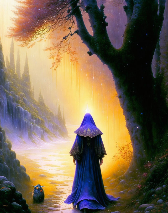 Cloaked figure in mystical landscape with waterfalls, luminescent tree, purple and orange sky