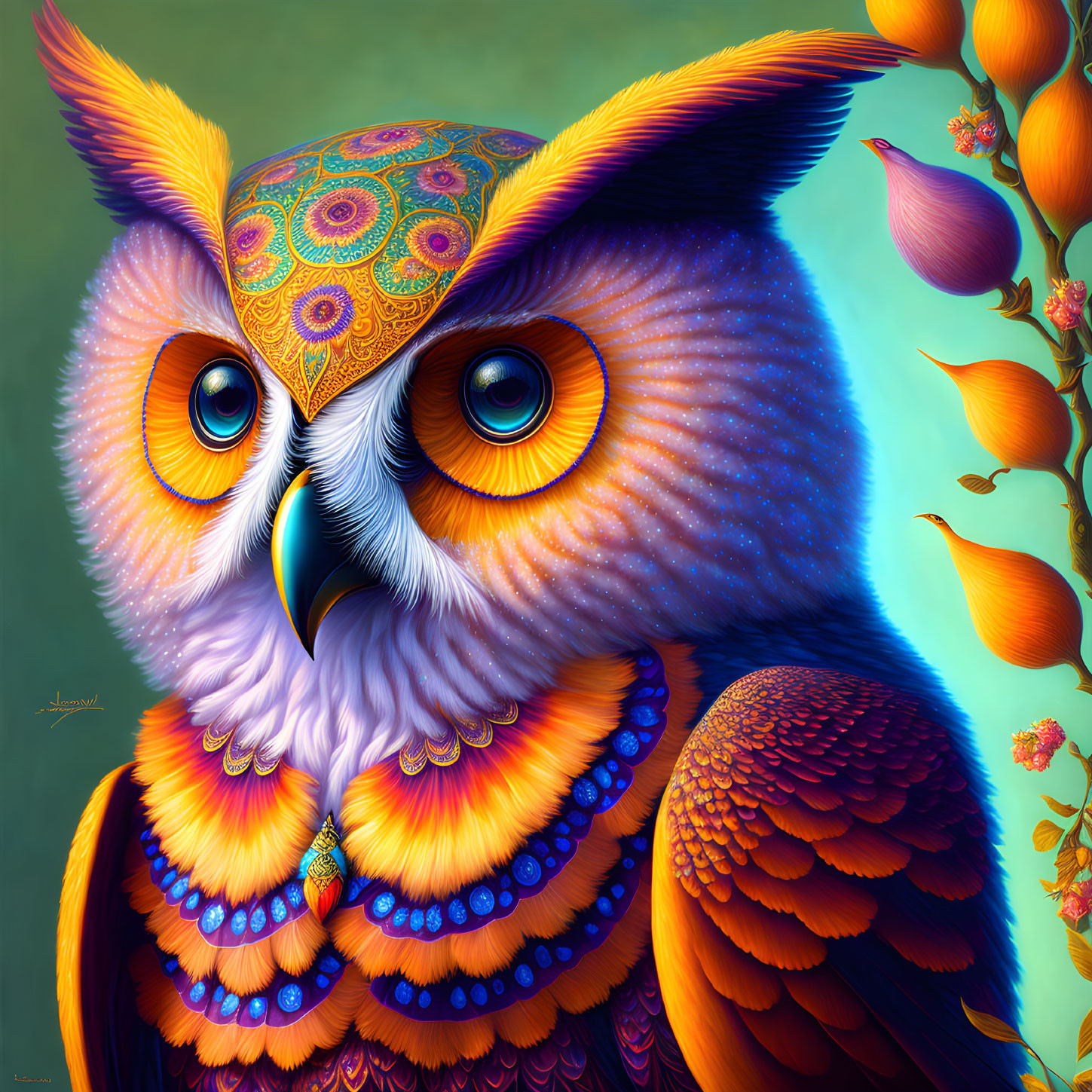 Colorful Owl Illustration with Intricate Patterns and Whimsical Hat