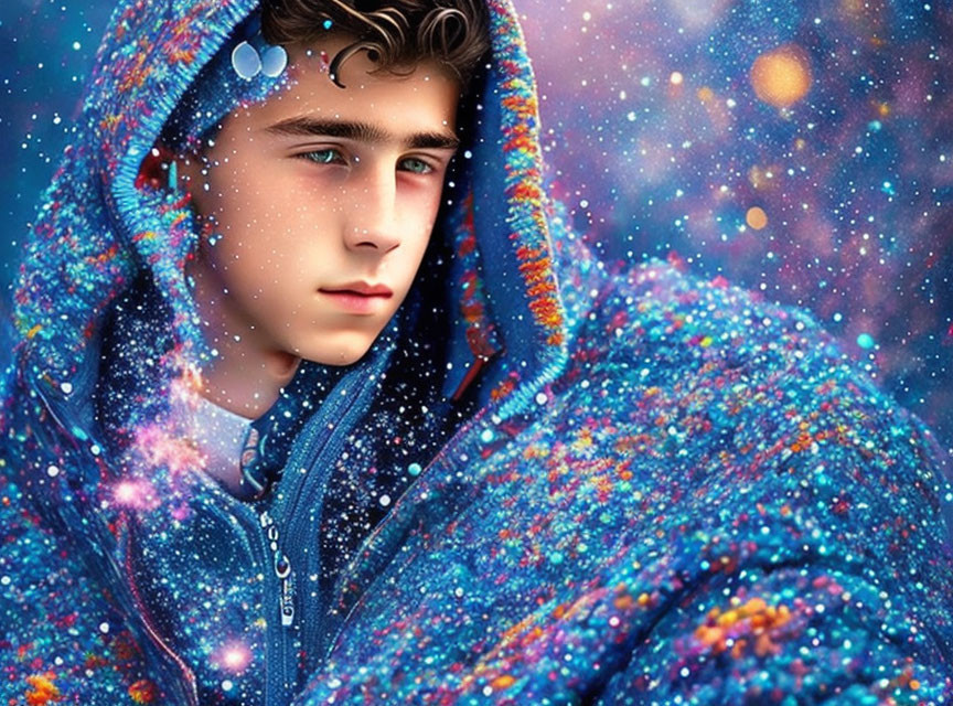 Curly-Haired Young Man in Galaxy-Print Hoodie Surrounded by Magical Blue Atmosphere