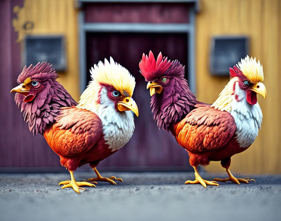 Colorful Cartoon Chickens Against Yellow Background